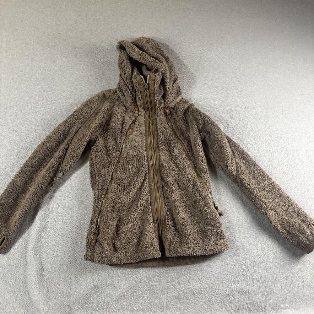 Kuhl Flight Jacket Womens Small Brown Sherpa Fleece Hooded Full Zip Thumbholes